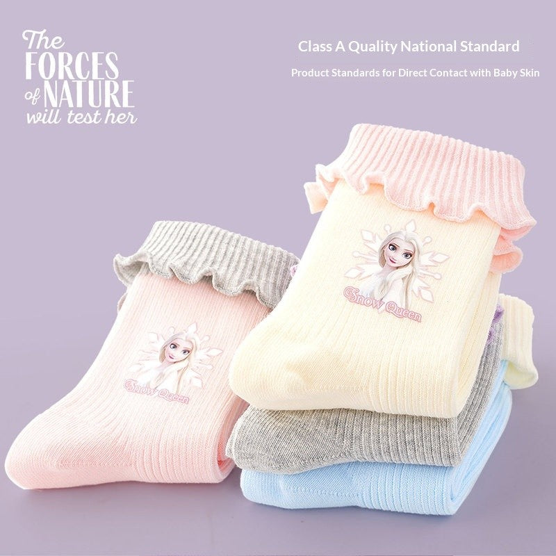 Disney Girls' Socks Autumn/Winter Lace Short Socks Elsa Princess A-Class Cartoon Children'S Cute Warm Cotton Socks