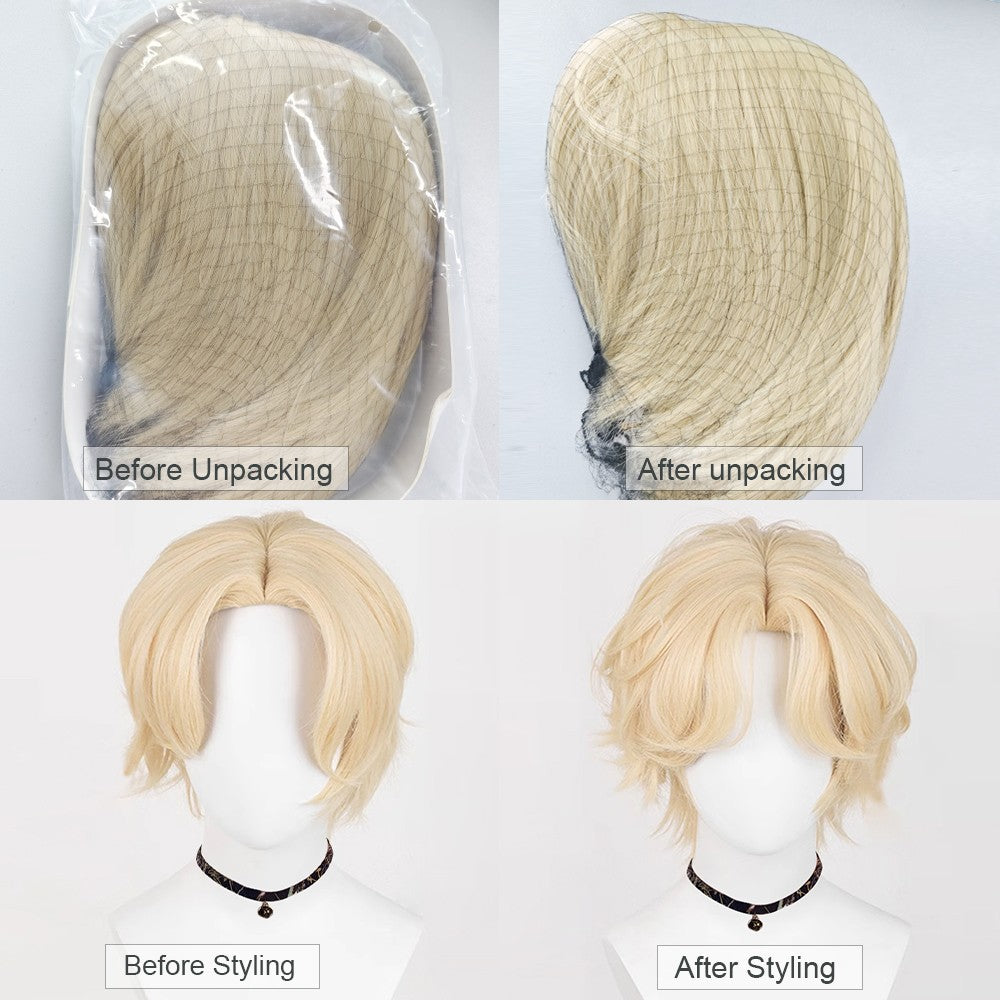 Blonde Men Cosplay Short Synthetic Straight Wigs Middle Part Anime Game Fluffy Wig Heat Resistant for Daily Party