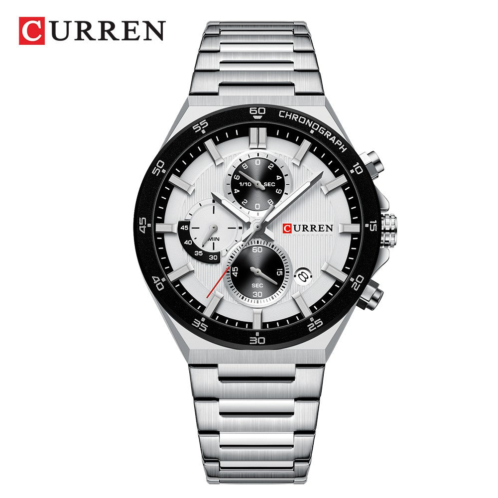 CURREN Classic 43mm Men's Watch Chronogrph Quartz Wristwatch with Stainless Steel Band Luminous Hands Auto Date