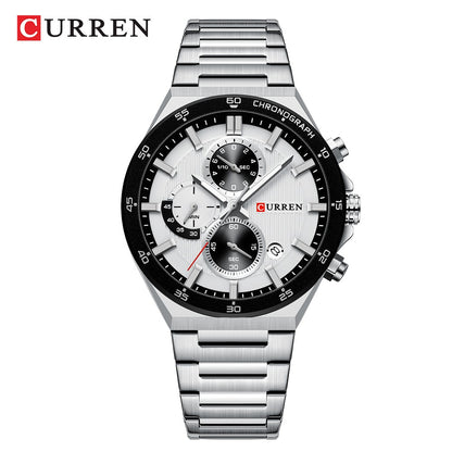 CURREN Classic 43mm Men's Watch Chronogrph Quartz Wristwatch with Stainless Steel Band Luminous Hands Auto Date