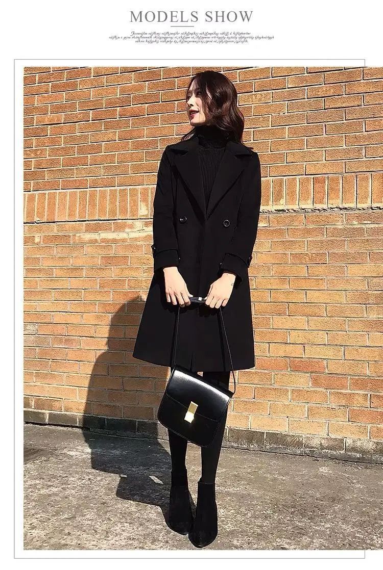 Plus Size Black Woolen Coat 2025 New Style Women's Autumn Winter Professional Mid-Length Trendy Polyester Fiber Suit Collar F...