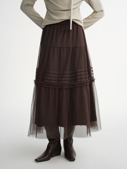 DUSHU Three-color Ruffled Mesh Skirt Women Pleated Mesh Straight Skirt Fairy Retro Gothic Cool Girls Elastic Waist Loose Fit