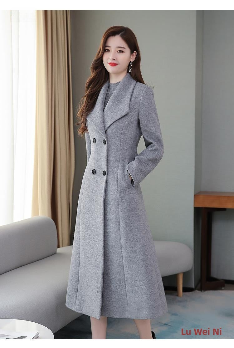 Plus Size Women's Overcoat Long Thickened Woolen Coat Long Collar Slim Fit Waist Cinched Outerwear Spring Autumn New Style Ho...