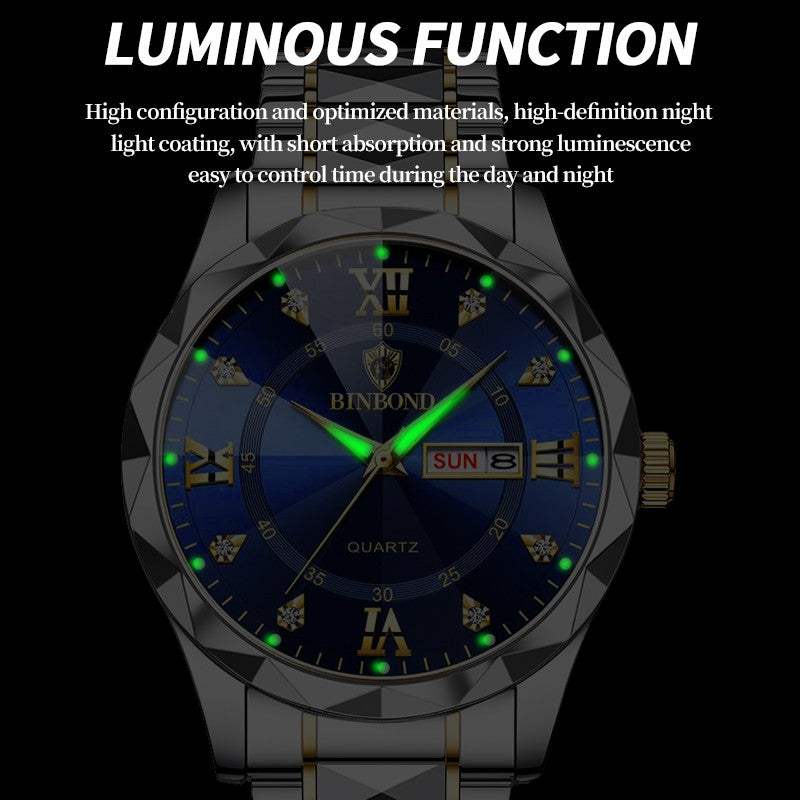 BINBOND Top Brand Luxury Man Wristwatch Waterproof Luminous Date Week Men Watches Stainless Steel Quartz Men's Watch Male reloj