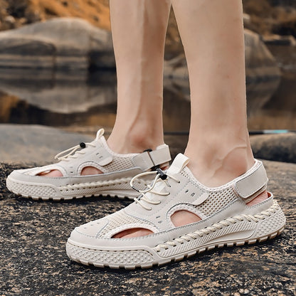 Sandals men's tide summer new style leather toe cap outdoor leisure sports hollow sandals beach shoes Handmade mesh men shoes