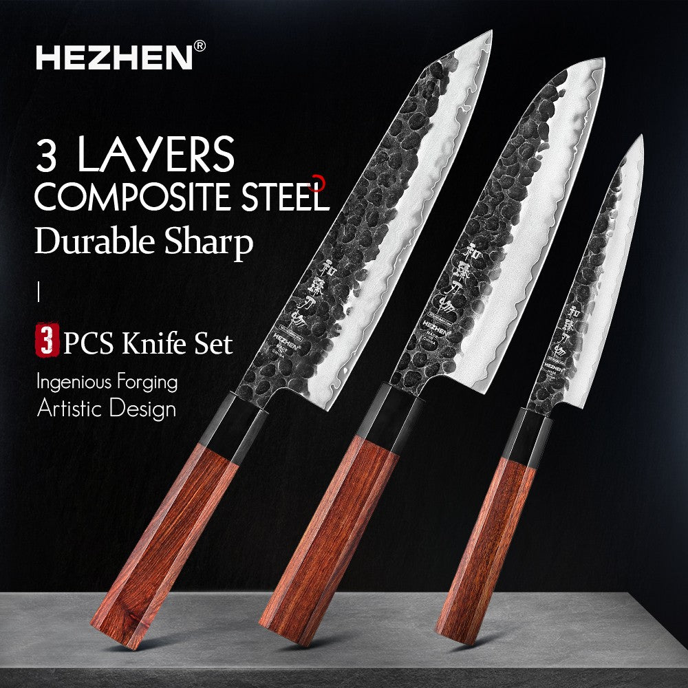 Conjunto de Facas de Cozinha HEZHEN 1-3PC Chef Utilitária Santoku Profissional Aço Revestido Japonês para Carne Faca de Cozinha Madeira Vermelha