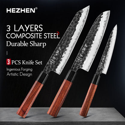 Conjunto de Facas de Cozinha HEZHEN 1-3PC Chef Utilitária Santoku Profissional Aço Revestido Japonês para Carne Faca de Cozinha Madeira Vermelha
