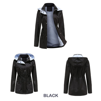 Purple Hooded Jacket for Spring 2025 Women's Office Fashion Women Outerwear Hat with Removable Waist Drawstring Water Proof