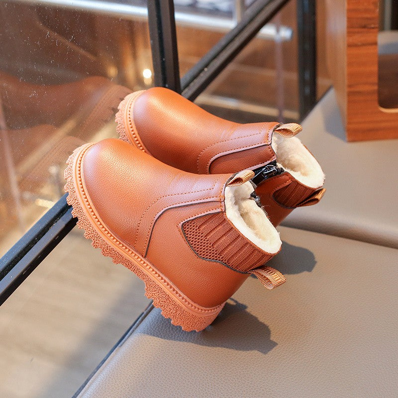 21-30 Kids Ankle Boots for Little Boys Girls Thermal Snow Boots Fashion PU Leather Children Short Rubber Boots with Thick Plush