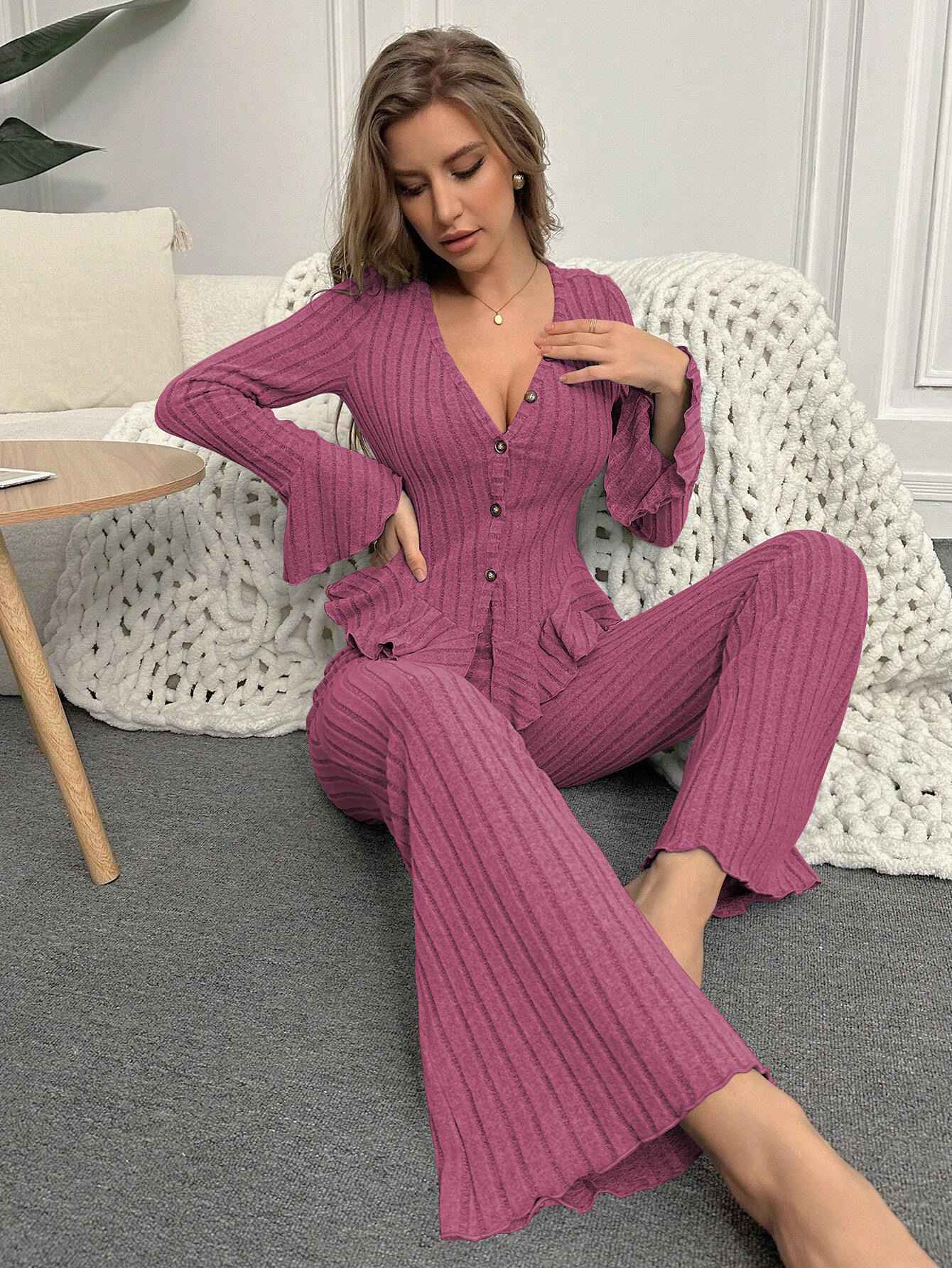 Home Wear Sexy V-neck Fashionable Length Pants Set Autumn Winter Comfortable Casual Slim Fit Women Two-piece Set pajama