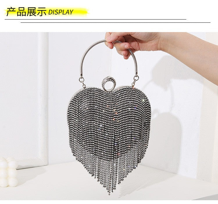 Rhinestone Evening Bag Heart Pattern Silver Handbag Womens Diamond Tassel Banquet Clutch And Purse Wedding Bridal Prom Wallets