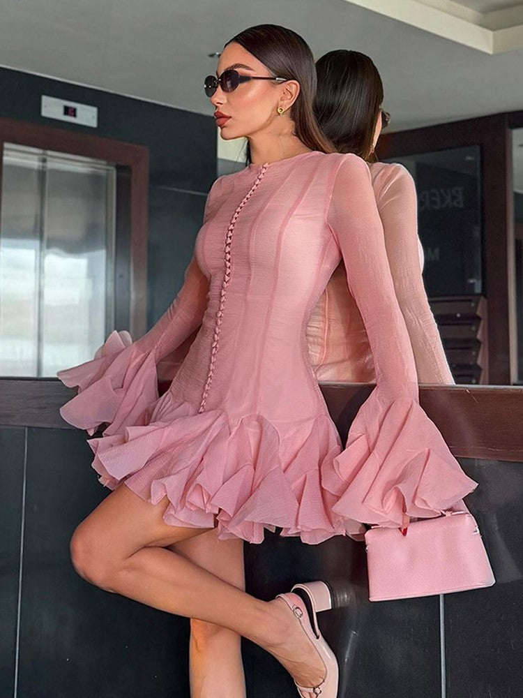 Solid Women Layered Ruffles Midi Dress Fashion Irregular Pleated A-line Long Sle