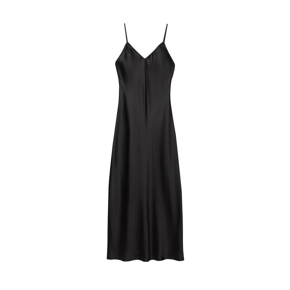 TRZA-Women's Satin Midi Dress, V Neck, Thin Straps, Backless, Female Dresses, Se