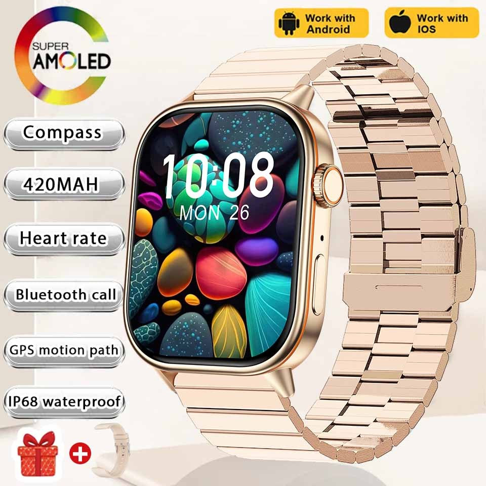 Smartwatch de Música Feminino 2025 Novo com Tela AMOLED HD de 2.01'' Moda, GPS de 6 Estrelas Embutido, Rastreador Impermeável e Chamada, Braceletes