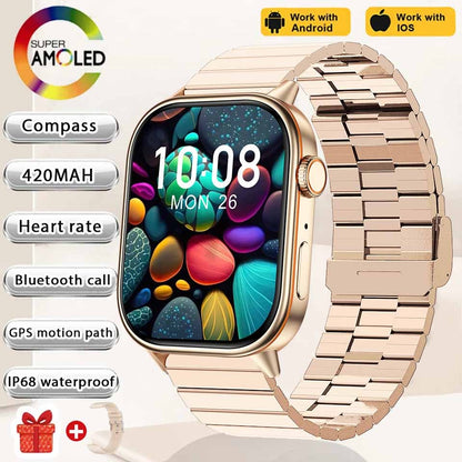 Smartwatch de Música Feminino 2025 Novo com Tela AMOLED HD de 2.01'' Moda, GPS de 6 Estrelas Embutido, Rastreador Impermeável e Chamada, Braceletes