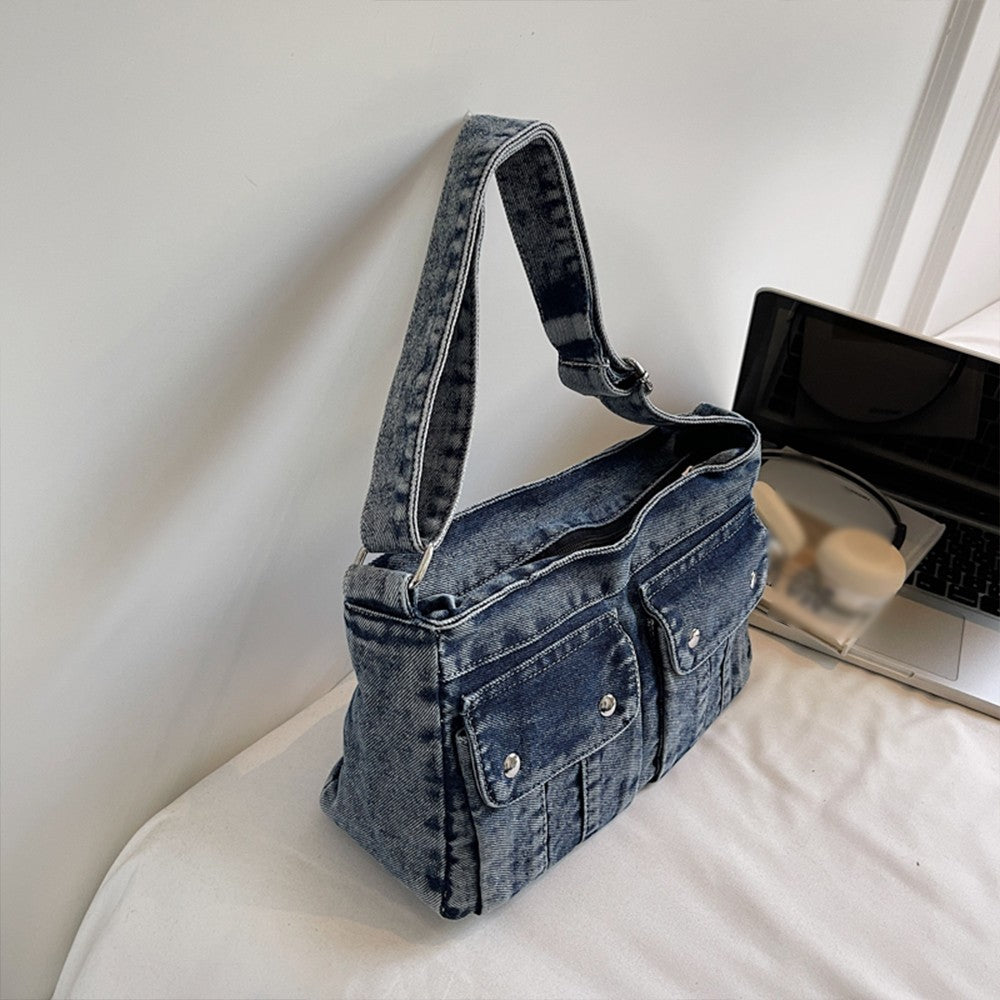 Vintage Washed Canvas Fashionable Bag, Women's Crossbody Bag, Large Capacity Commuting Casual Denim Shoulder Bag