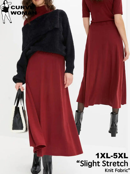 Women's Burgundy Midi Skirt, Semi-Stretch Knit A-Line with Flowy Hem. Comfortable Elastic Waist for Office & Casual Outing
