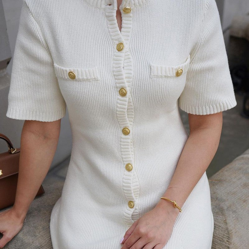 White Elegant Knitted Mini Dress For Women Metal Button Sexy Slim Rib Sweater Dr