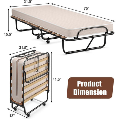Folding Bed with Mattress, Rollaway Guest Bed w/ 4 Inch Memory Foam Mattress, Sturdy Metal Frame, Portable Bed Cot Size