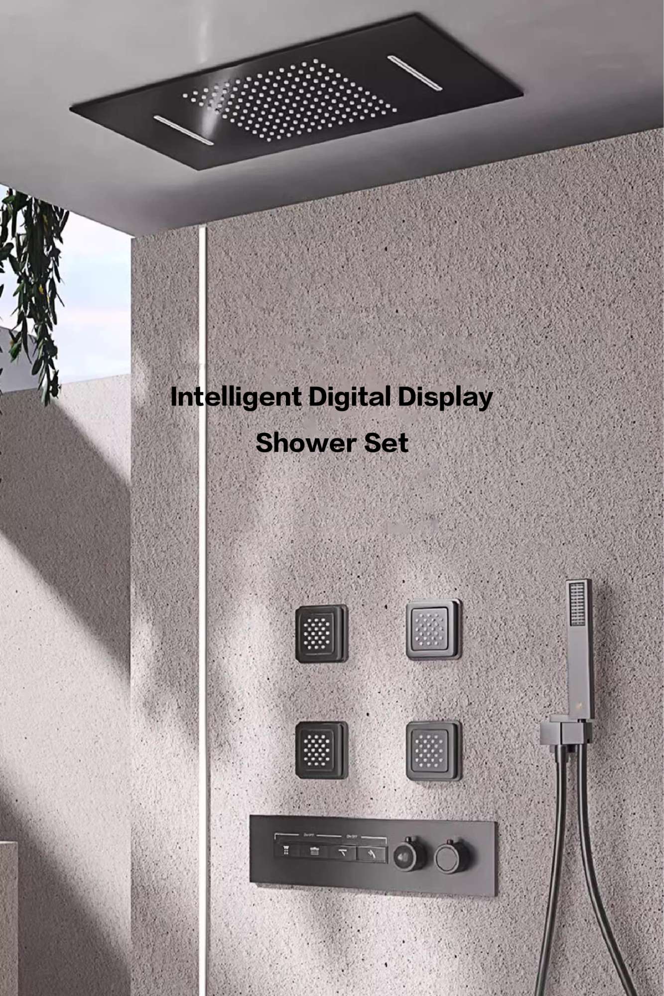Luxury gun gray brass shower system with ceiling design Hidden LED digital display Dual control of Hot & Cold  bathroom Faucet