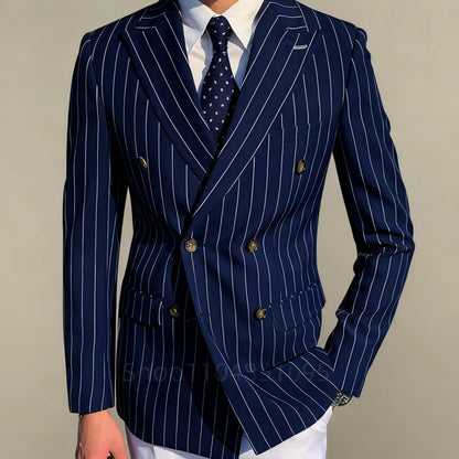 Men's Brown Striped Blazer Double Breasted Jacket Peak Lapel Spring New Style Male Outerwear
