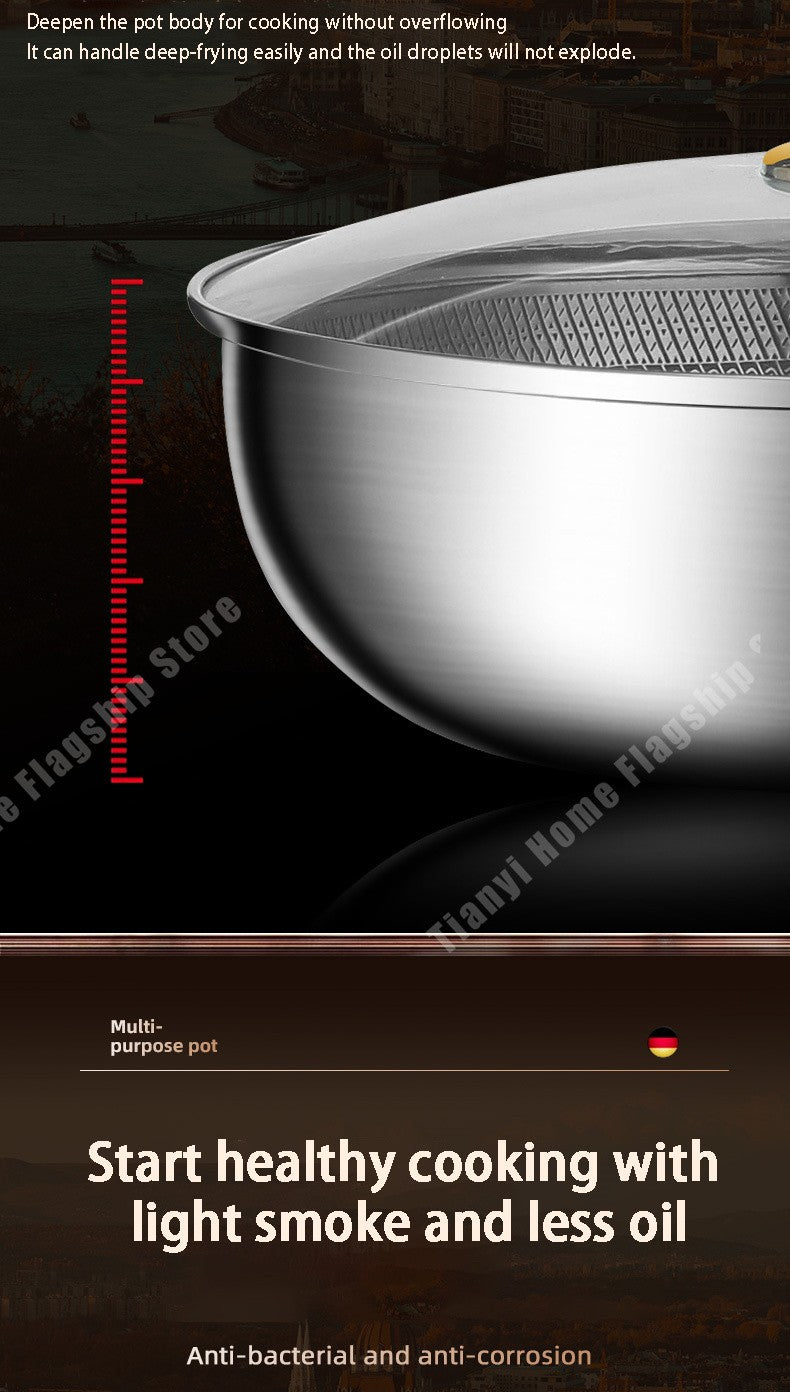Panela Wok de Aço Inoxidável 316 Antiaderente Favo de Mel para Cozinhar Bife Fogão a Gás Panela de Indução Geral Utensílio de Cozinha