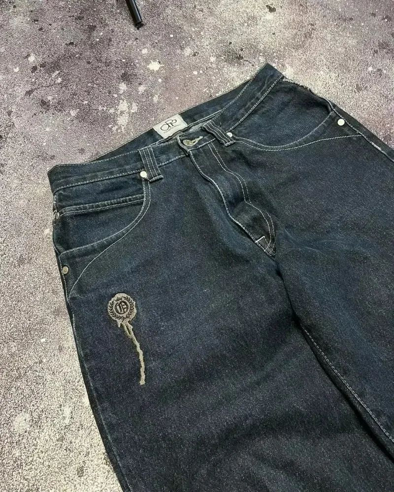 Y2K American New Trend Hip-hop Gothic Embroidered Jeans Men's Street Harajuku Leisure Loose Straight Wide-leg Pants Unisex Jeans