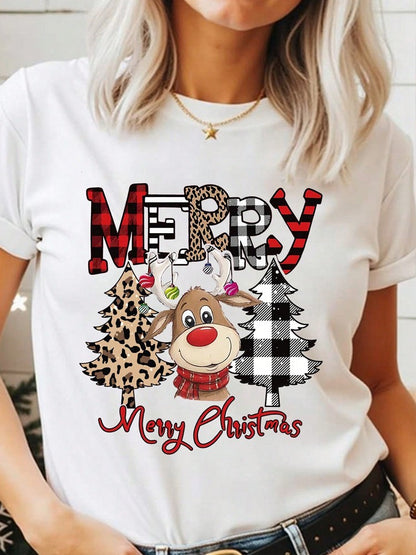 Casual Women Christmas T Shirt Fashion Cute Deer Leopard Christmas Tree Print T-shirt Cartoon Printed Short Sleeve Female T-Shir