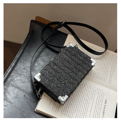 Couple's Sling Bag Straw Weaving with Corner Metal Decoration Boxy Shape Doctor Bag for Date Back to School Party Shoulder Bag