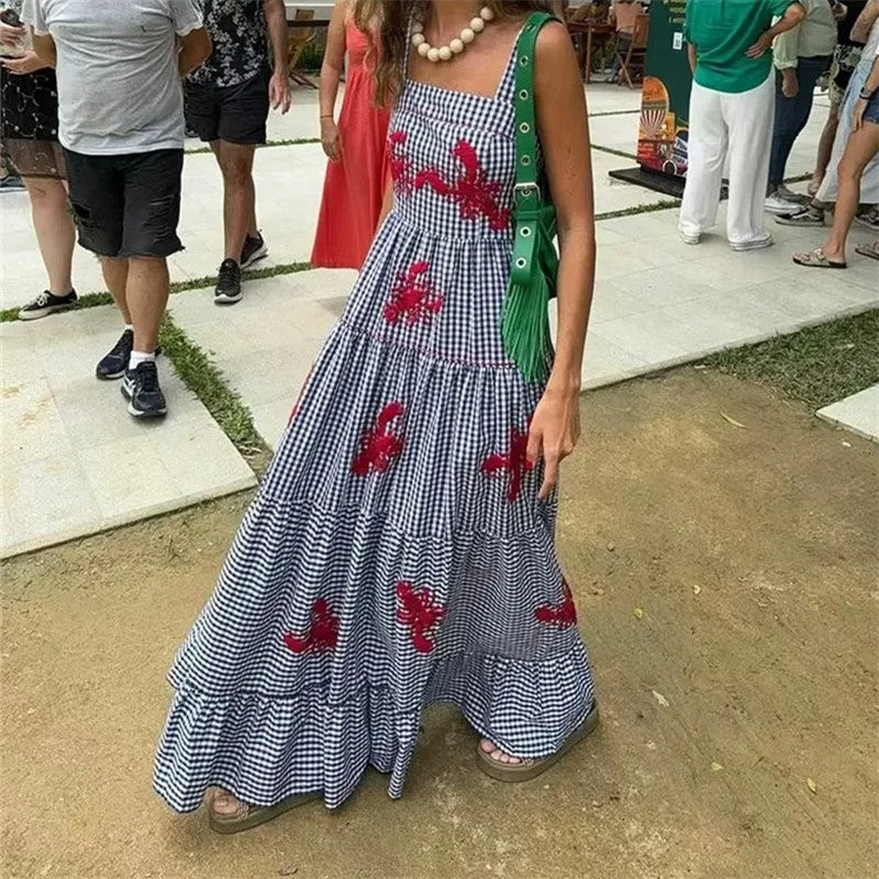 MUJER Plaid Slip Long Dress Woman Embroidery Ruffle Summer Dresses 2025 Sleevele