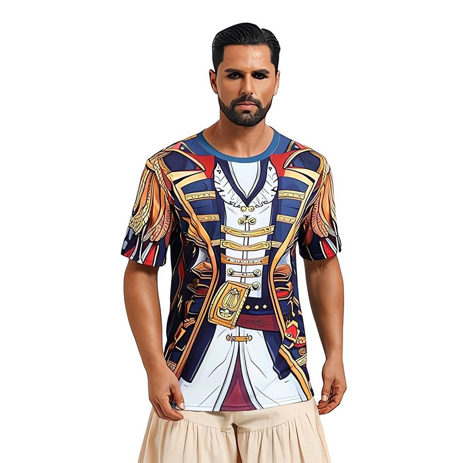 Men Medieval 3D Printed Pirate Costume T Shirt Short Sleeve Crew Neck Halloween Cosplay Vintage Captain Tops Male Holiday Appare