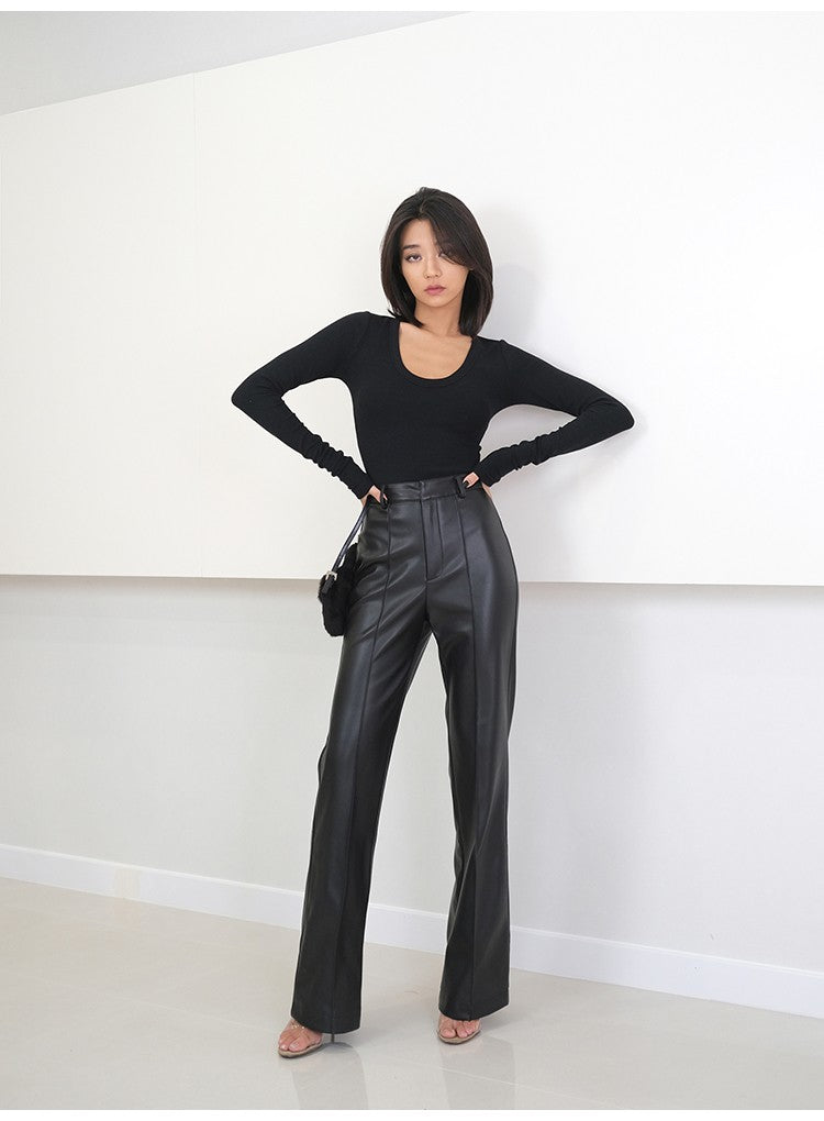 Lautaro Spring Autumn Long Black Soft Pu Leather Pants Women with Zipper High Waist Casual Elegant Straight Leg Trousers 2022