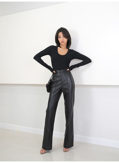 Lautaro Spring Autumn Long Black Soft Pu Leather Pants Women with Zipper High Waist Casual Elegant Straight Leg Trousers 2022