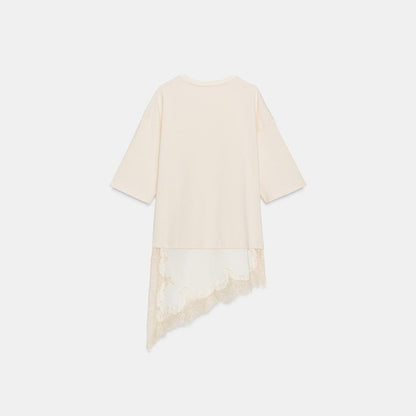 Fashion Lace Patchwork Mid Sleeve Tops for Women Elegant O Neck Loose Female T-shirt Spring New Lady Solid Shirts High Street