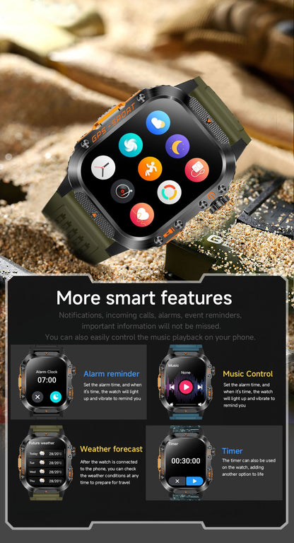 2026 Novas pulseiras inteligentes militares de GPS para ambientes externos, bússola masculina, frequência cardíaca, chamada BT, lanterna LED, Smartwatch à prova d'água 10ATM para natação