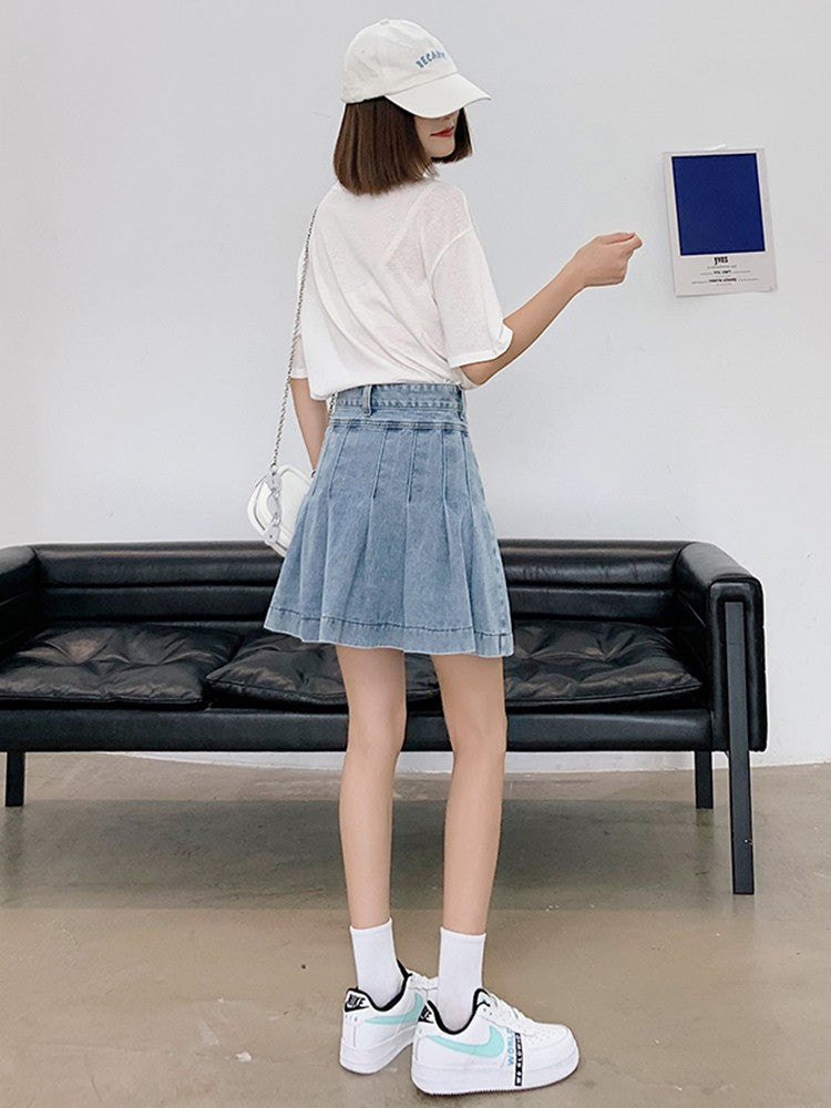 New Summer 2024 Plus Size Denim Skirt Women High Waist Pleated Large Size A Line Mini Jean Skirt Women Streetwear Saia Hot Sale