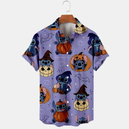 2024 New Halloween Collection Disney Branded Stitch And Mickey Anime 3D Printed Men's Lapel Short Sleeve Slim Fit Hawaiian Shirt