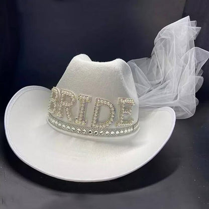Cowboy Hat Glitter Cowgirl Bachelorette Party Bridal Veil Embroidered Country Western Wedding For Disco Party Costume Hen Party