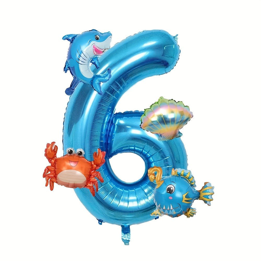 5Pcs Mini Blue Ocean Balloon Set Blue Number Balloon Set Ocean Animals Shark Crab Themed Birthday Party Decorations Gifts