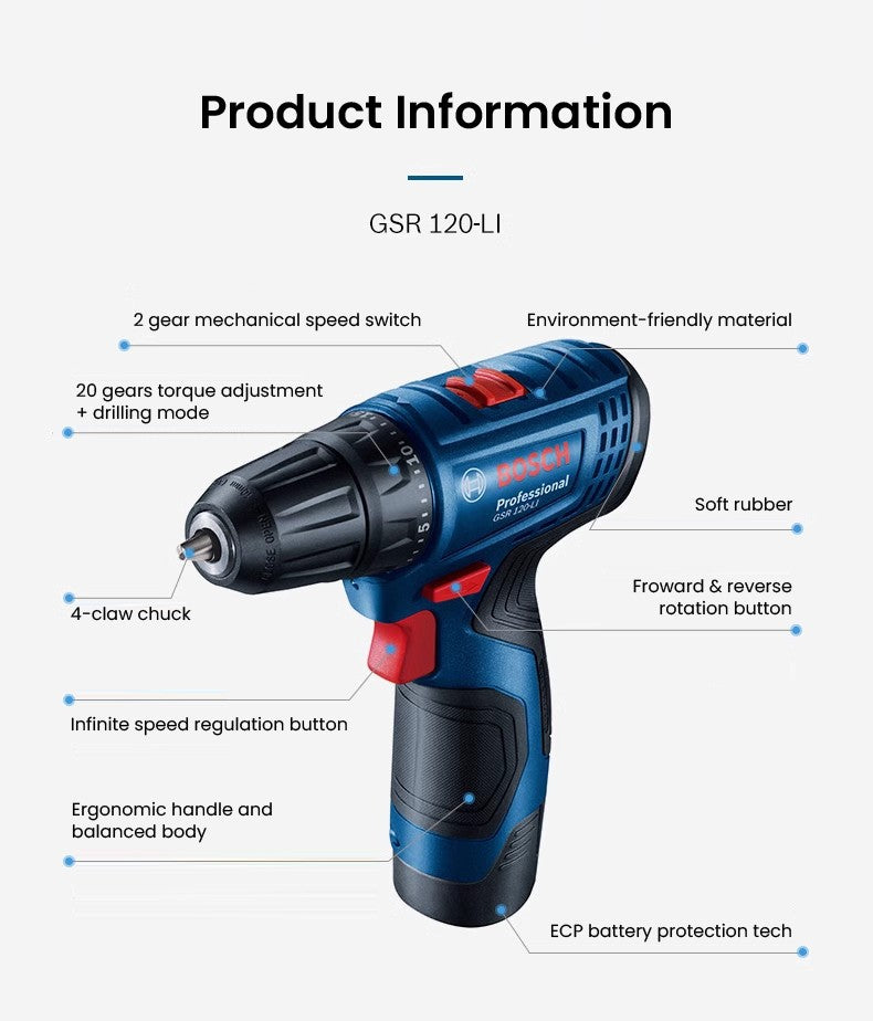 Furadeira Elétrica Bosch GSR120 Li 12V Parafusadeira Sem Fio Profissional Furadeira de Impacto Recarregável Ferramentas Elétricas Multifuncionais