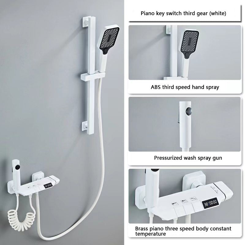 Chuveiro Moderno Completo Cinza 2 Saídas Teclas de Piano Conjunto de Chuveiro de Banheiro Montado na Parede de Latão Torneira de Chuveiro com Display Digital para Banheira