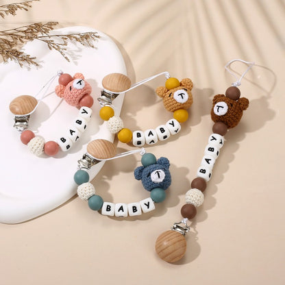Wooden Dummy Holder Clip Customization Name Silicone Pacifier Chain For Baby Teether Nipple Chain Care Kids Birthday Shower Gift