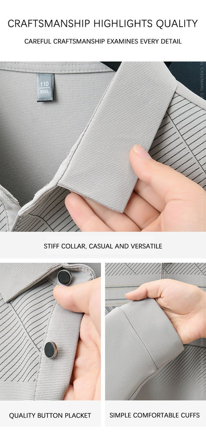 TFETTERS Elegant T Shirt for Man 2025 Spring Autumn Tops Long Sleeve Turn Down Collar Graphic Smart Casual T-shirt for Men