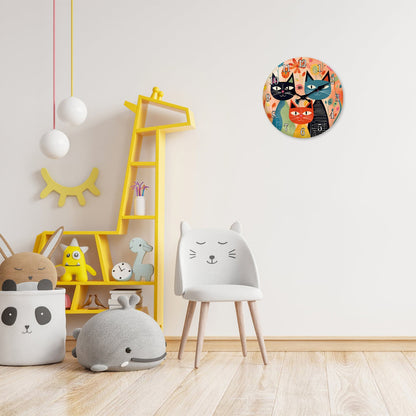 Retro Art Cute Cat Family Wooden Wall Clock Living Room Bedroom Kitchen Home Decoration Wall Clock Silent Quartz Clock Holiday Gift 10 Inch 12 Inch 14 Inch 16inch (No Battery)
