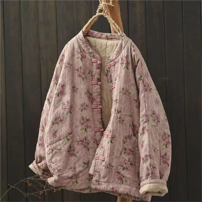 Johnature Vintage Buckle Floral Print Chinese Style Parkas 2025 Woman Winter New Long Sleeves Loose Single Breasted Parkas