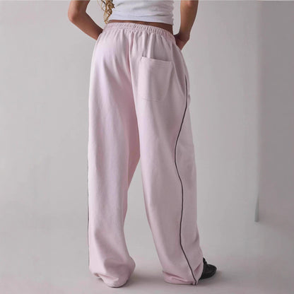 Pantalones Casuales New Pink Embroidered Casual Pants For Women Loose And Comfortable Straight Elastic Waist Trousers 2025 New