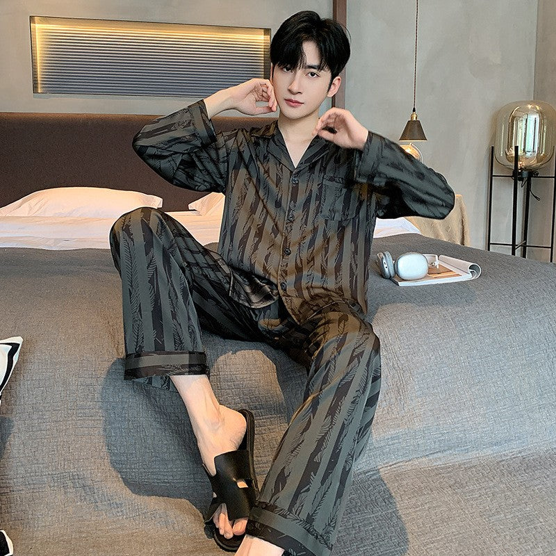 Large Size Ice Silk Men's Sleepwear 2025 New High-End V-Neck Thin Long Sleeved Two-Piece Set for Home Wear Youth Nightwear