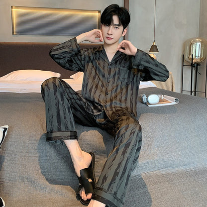 Large Size Ice Silk Men's Sleepwear 2025 New High-End V-Neck Thin Long Sleeved Two-Piece Set for Home Wear Youth Nightwear