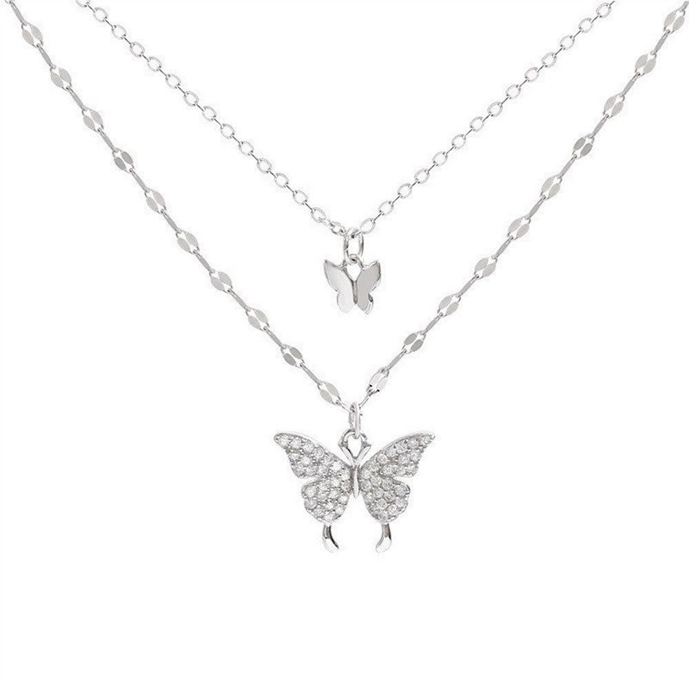 Novo Colar de Borboleta Brilhante Feminino Requintado Colar de Corrente Dupla Camada na Clavícula Joias para Presente Feminino
