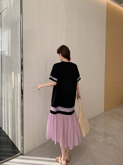 NYFS 2025 Summer Dress Loose plus Size Black Patchwork Pink Hem Long Dresses Robe Elbise Short Sleeve Korean Style Woman Dress